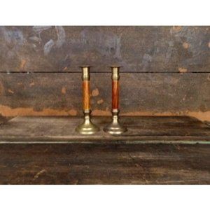 Vintage brass and wood distressed pillar spindle candlesticks set of 2